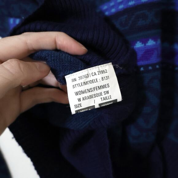 Vintage Demetre AOP Fair Isle Striped Navy Purple Wool Ski Sweater L 80s Granny - Picture 7 of 8